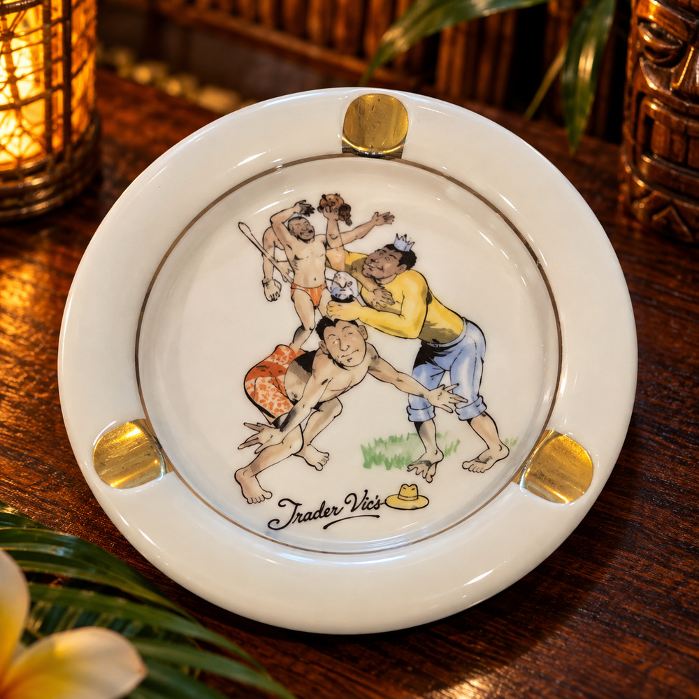 Vintage Trader Vic’s Tiki Ashtray Honi Honi MCM Polynesian Porcelain Gold 5”